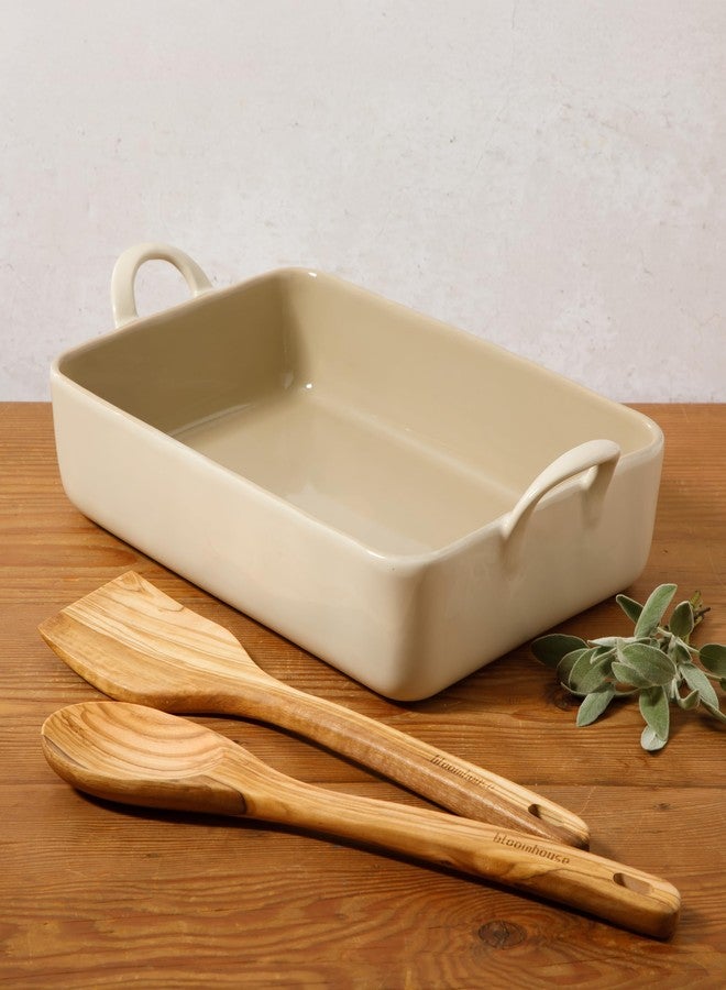 Bloomhouse 3-Piece 4.8-Quart 9 X 13 Ceramic Bakeware Set with Olive Wood Tools - Linen/Taupe Baking Dish with Handles, Oven Safe, Durable Stoneware for Casseroles, Roasting & Serving - Image 5