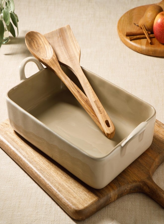 Bloomhouse 3-Piece 4.8-Quart 9 X 13 Ceramic Bakeware Set with Olive Wood Tools - Linen/Taupe Baking Dish with Handles, Oven Safe, Durable Stoneware for Casseroles, Roasting & Serving - Image 4