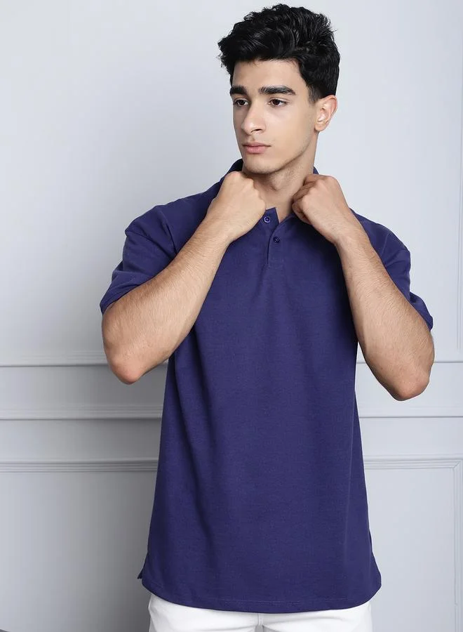 Styli Men Navy Blue Oversized Polo T-Shirt By Door74