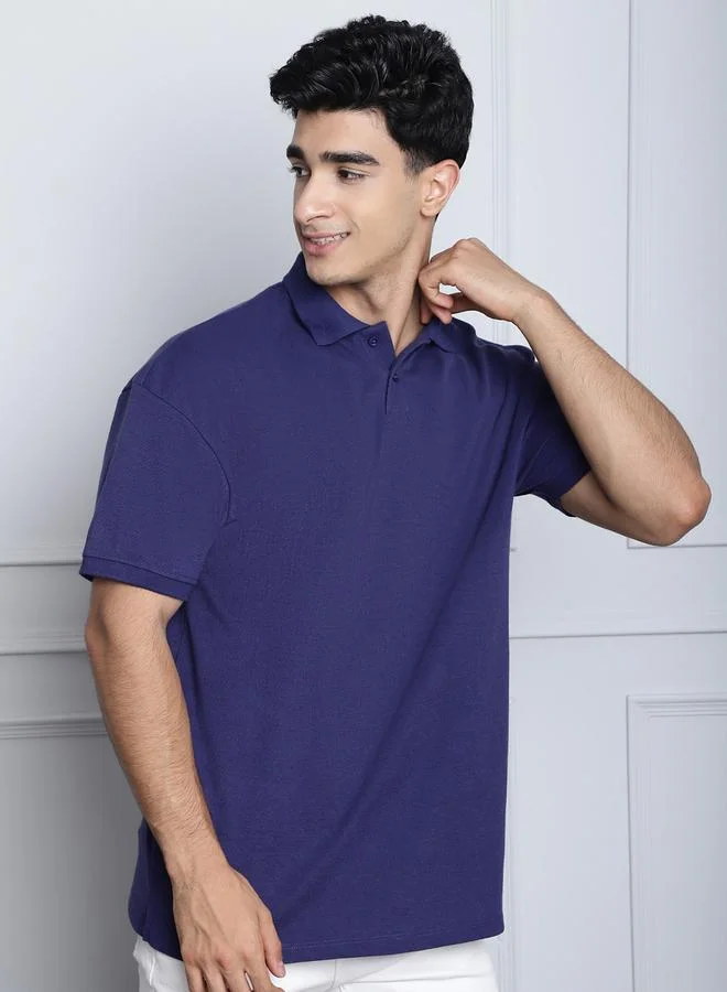 Take Two Men Navy Blue Oversized Polo T-Shirt
