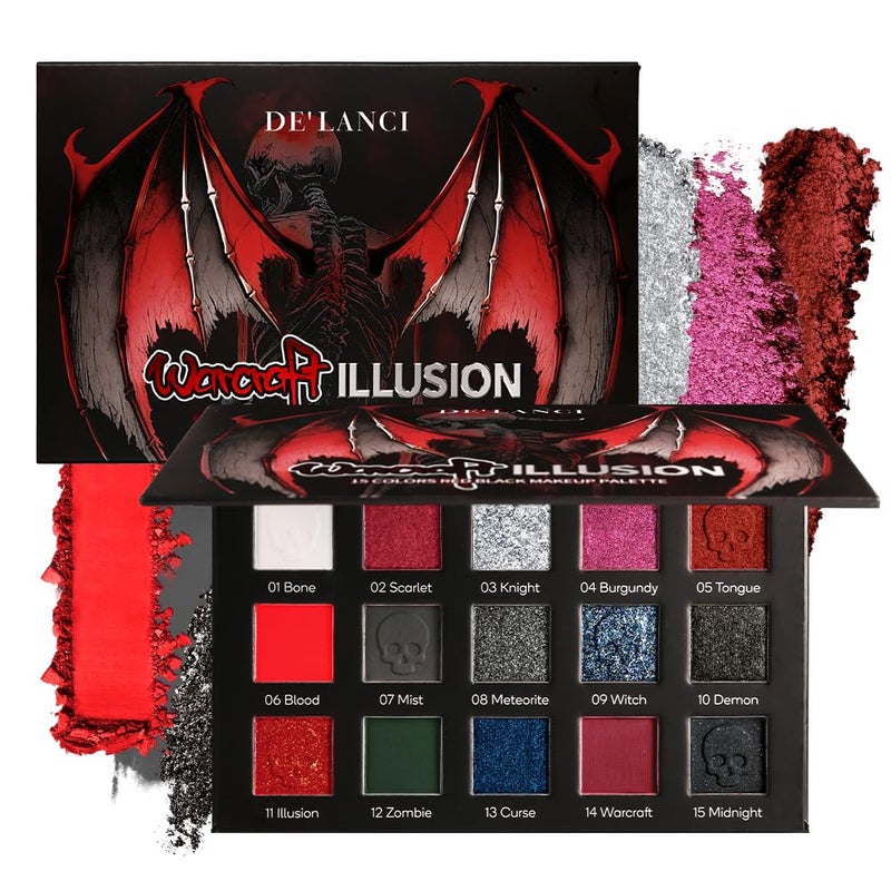 DE'LANCI Red Black Goth Eyeshadow Palette, Red Eyeshadow Goth Makeup Palette, Gray Silver Shimmer Glitter Eye shadow Pallet, Burgundy Eye Shadow for Vampire Clown Halloween Makeup,High Pigment,Vegan - Image 1