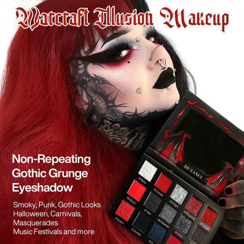 DE'LANCI Red Black Goth Eyeshadow Palette, Red Eyeshadow Goth Makeup Palette, Gray Silver Shimmer Glitter Eye shadow Pallet, Burgundy Eye Shadow for Vampire Clown Halloween Makeup,High Pigment,Vegan - Image 3