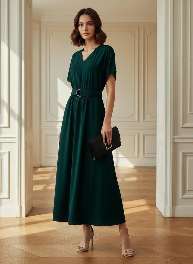 Splash FAV Belted Midi Dress with Short Sleeves and V-neck