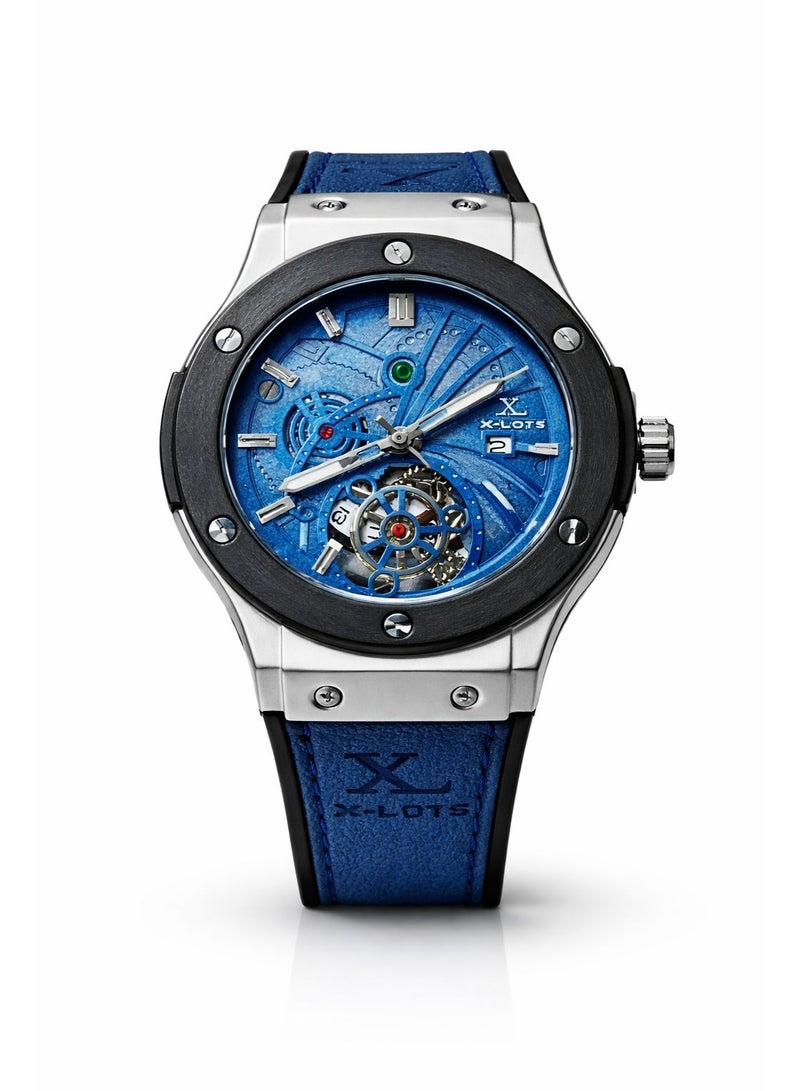 XLOTS IronX Skeleton Men’s Watch XLA21G Blue Dial Leather Strap Stainless Steel Case Luxury Analog Quartz Wristwatch - Image 1