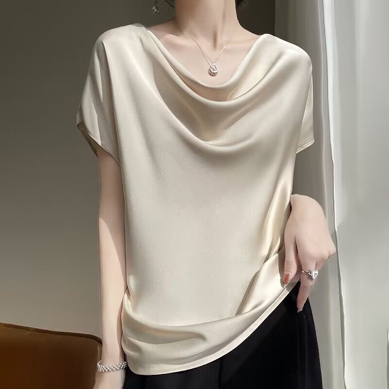 Silk Silk 2023 Summer New Women's French Style Elegant Satin T-shirt Large Size All-match Pile Collar Short-sleeve T-shirt - Image 1