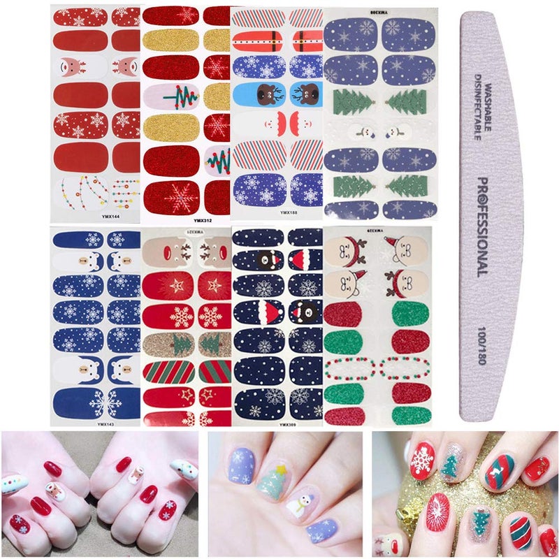 EBANKU Christmas Full Nail Stickers, 8 Sheets Art Polish Stickers Wrap Adhesive Decals With 1 Piece Nail Buffers Files - Image 1