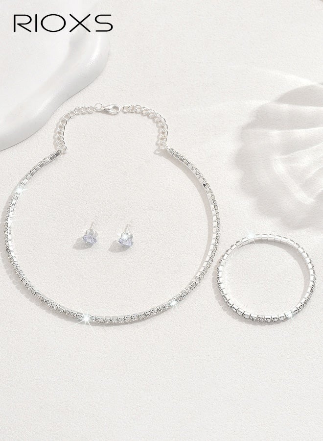 RIOXS 3Pcs Silver Wedding Jewelry Sets for Brides, Rhinestone Bridal Prom Costume Formal Jewelry Set for Wedding, Cubic Zirconia Tennis Bnagle Necklace Stud Earings for Bridesmaid Guest Dresses Accessories - Image 4
