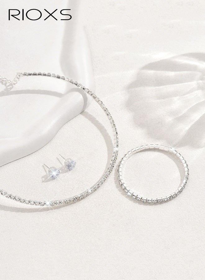 RIOXS 3Pcs Silver Wedding Jewelry Sets for Brides, Rhinestone Bridal Prom Costume Formal Jewelry Set for Wedding, Cubic Zirconia Tennis Bnagle Necklace Stud Earings for Bridesmaid Guest Dresses Accessories - Image 5