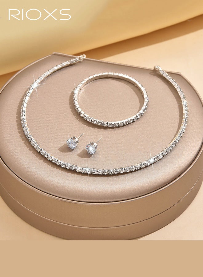 RIOXS 3Pcs Silver Wedding Jewelry Sets for Brides, Rhinestone Bridal Prom Costume Formal Jewelry Set for Wedding, Cubic Zirconia Tennis Bnagle Necklace Stud Earings for Bridesmaid Guest Dresses Accessories - Image 3