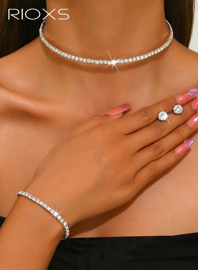 RIOXS 3Pcs Silver Wedding Jewelry Sets for Brides, Rhinestone Bridal Prom Costume Formal Jewelry Set for Wedding, Cubic Zirconia Tennis Bnagle Necklace Stud Earings for Bridesmaid Guest Dresses Accessories - Image 2