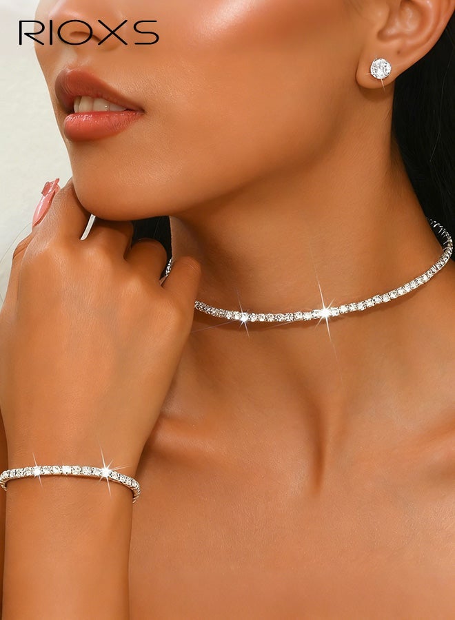 RIOXS 3Pcs Silver Wedding Jewelry Sets for Brides, Rhinestone Bridal Prom Costume Formal Jewelry Set for Wedding, Cubic Zirconia Tennis Bnagle Necklace Stud Earings for Bridesmaid Guest Dresses Accessories - Image 1
