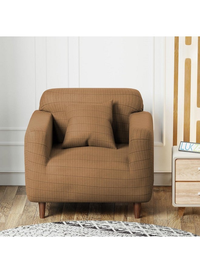Lukzer Universal Single Seater Sofa Cover 280 GSM Soft Touching Slipcover for Couch Protection with 1 Cushion Cover (Textured Dark Beige Box Pattern/90-140cm/Jacquard Fabric) SC-057-01 - Image 3