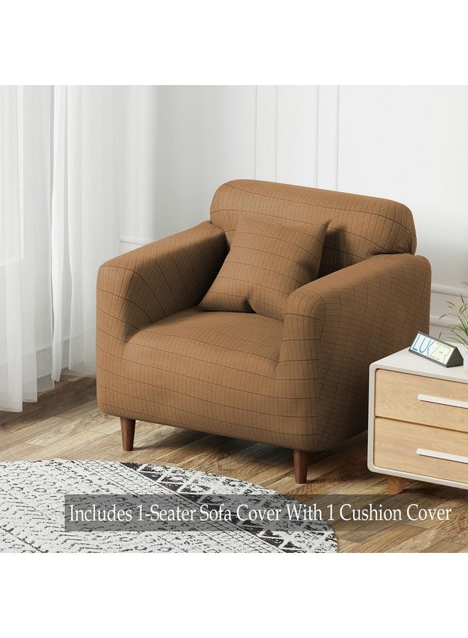 Lukzer Universal Single Seater Sofa Cover 280 GSM Soft Touching Slipcover for Couch Protection with 1 Cushion Cover (Textured Dark Beige Box Pattern/90-140cm/Jacquard Fabric) SC-057-01 - Image 2