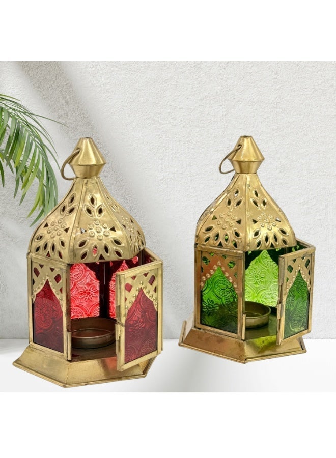 سوق ديزاينز مجموعة من فانوسين مغربيين صغيرين من تصميم سوق ديزاينز - معدن ذهبي مع زجاج أخضر وأحمر، حاملات شموع رمضانية مزخرفة للعيد، ديوالي، عيد الميلاد، فوانيس معلقة داخلية وخارجية - Image 4