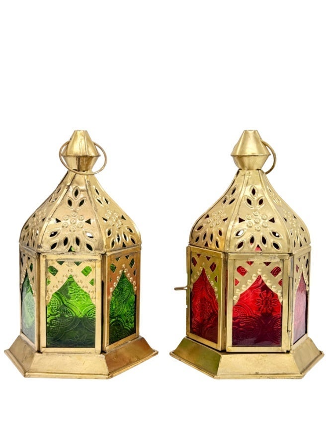 سوق ديزاينز مجموعة من فانوسين مغربيين صغيرين من تصميم سوق ديزاينز - معدن ذهبي مع زجاج أخضر وأحمر، حاملات شموع رمضانية مزخرفة للعيد، ديوالي، عيد الميلاد، فوانيس معلقة داخلية وخارجية - Image 2