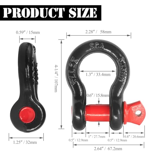 Jamiikury 1/2" D Ring Shackle with 5/8" Screw Pin, 2T Working Load Limit (WLL) / 12T (26,455 lb) Minimum Breaking Strength (MBS) for Tow Strap Winch, Off-Road Vehicle Recovery (Black/Red, 8 Pack) - Image 4