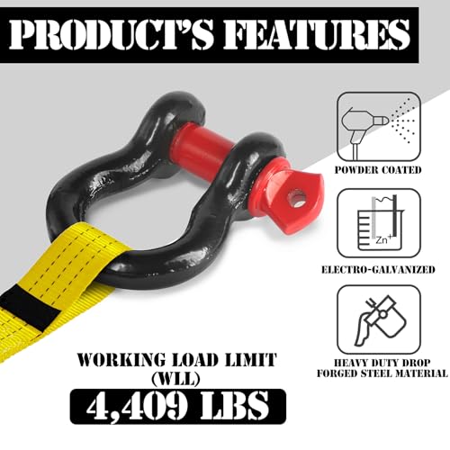 Jamiikury 1/2" D Ring Shackle with 5/8" Screw Pin, 2T Working Load Limit (WLL) / 12T (26,455 lb) Minimum Breaking Strength (MBS) for Tow Strap Winch, Off-Road Vehicle Recovery (Black/Red, 8 Pack) - Image 2