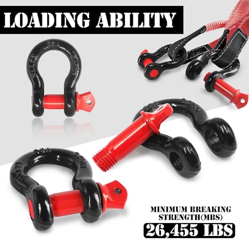 Jamiikury 1/2" D Ring Shackle with 5/8" Screw Pin, 2T Working Load Limit (WLL) / 12T (26,455 lb) Minimum Breaking Strength (MBS) for Tow Strap Winch, Off-Road Vehicle Recovery (Black/Red, 8 Pack) - Image 3