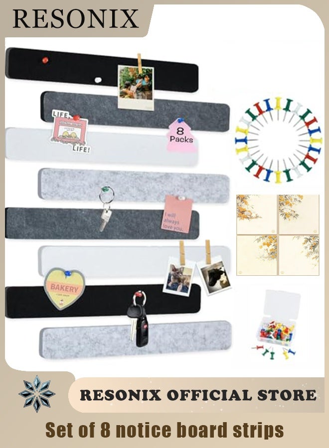 RESONIX 8 Pcs Self-Adhesive Bulletin Board Bar Strips with 50 Pushpins & 10 Wooden Clips – Felt Wall Cork Board for Office, School & Home Decor, Modular Organizer for Notes, Photos & Accessories (Black White Grey) - Image 1