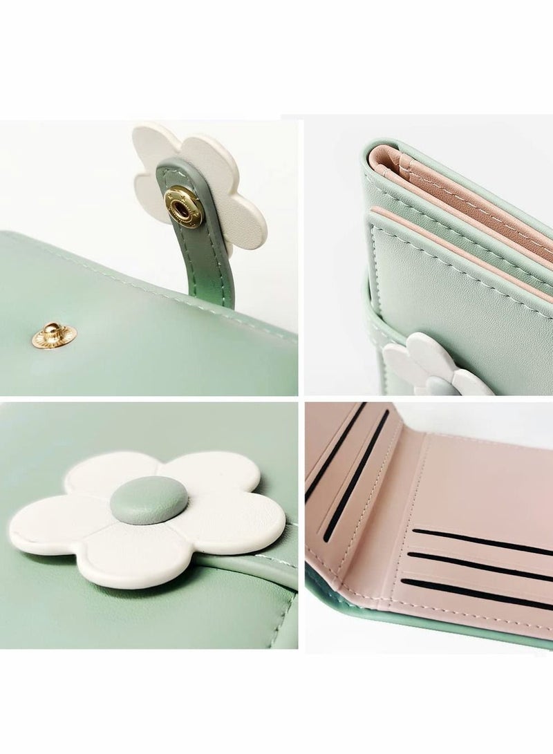 Excefore Small Wallets for Girls Cute Flowers Print Wallet Small Tri-folded Wallet PU Leather Purse Cash Pocket Slim Short Coin Holder Bag Multi-Card Slot Card Holder ID Window Purse for Women Gift(Green) - Image 2