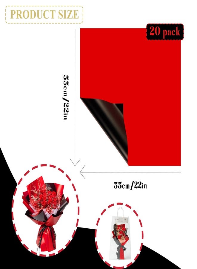 Gloreyan 20 Sheets Flower Wrapping Paper, Florist Bouquet DIY Craft Fresh Flower Bouquet Wrap Waterproof Floral Wrapping Gift Box Packaging Material Florist Supplies, 22.8 * 22.8 Inches(Red+Black) - Image 2