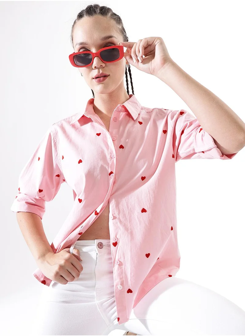 Hubberholme Women's Multicoloured 100% Cotton Embroidered Button Down Oversized Shirt
