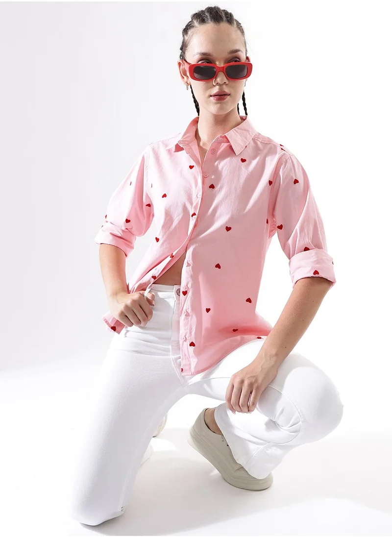 Hubberholme Women's Multicoloured 100% Cotton Embroidered Button Down Oversized Shirt