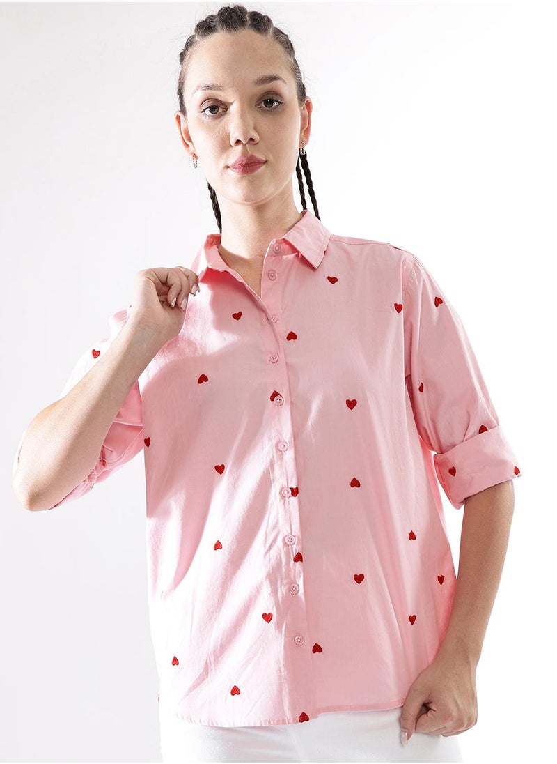 Hubberholme Women Comfort Heart Shape Oversized Embroidered Casual Shirt  - Image 3