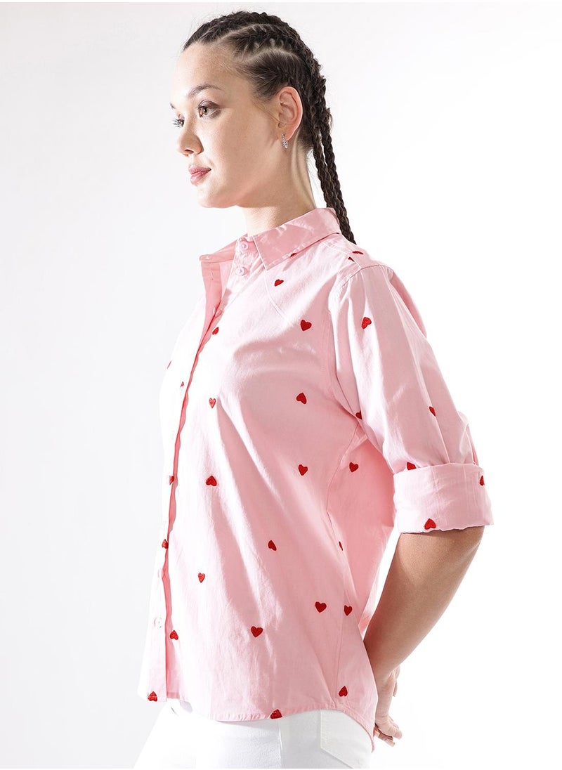 Hubberholme Women Comfort Heart Shape Oversized Embroidered Casual Shirt  - Image 5