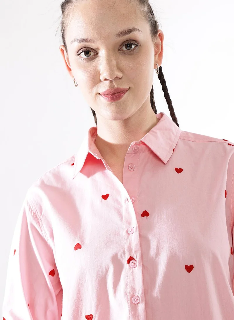 Hubberholme Women Comfort Heart Shape Oversized Embroidered Casual Shirt