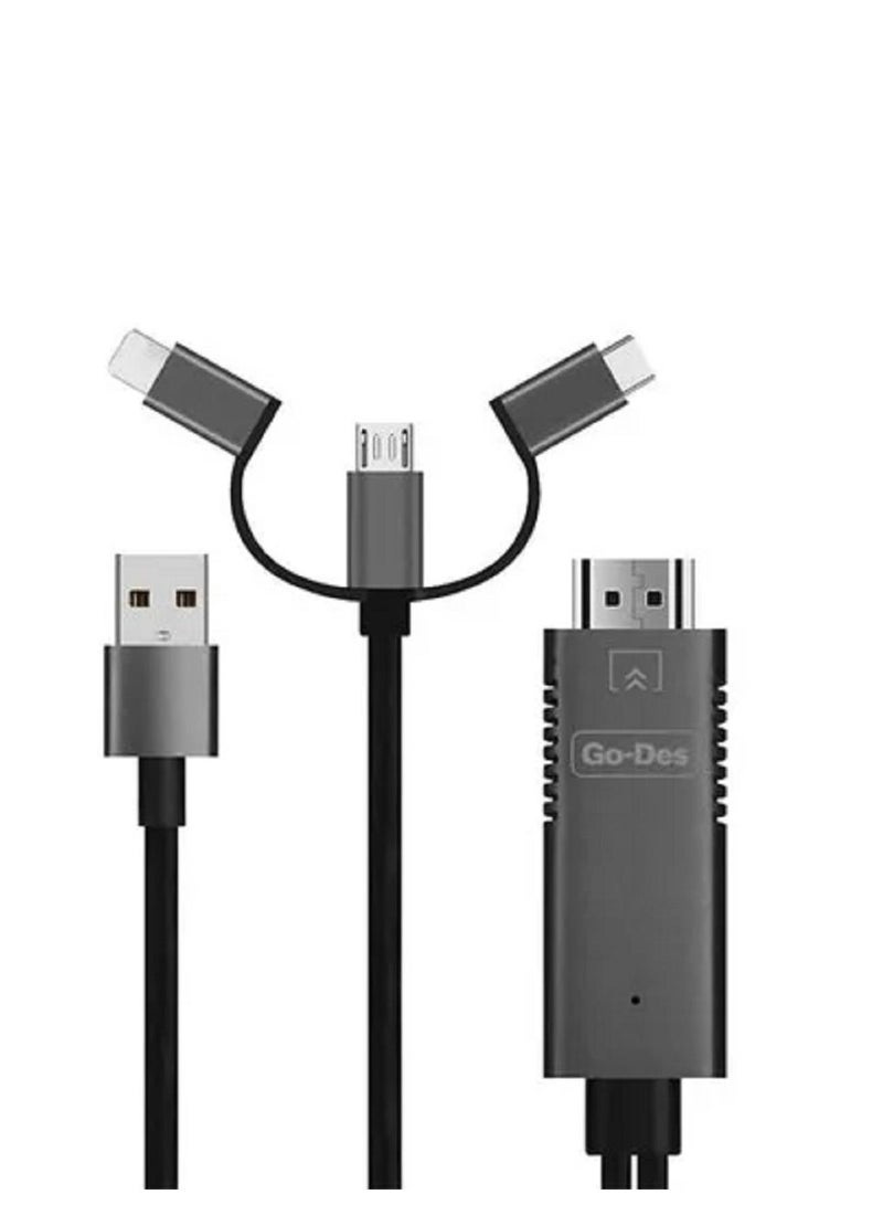 Go-Des 3-in-1 HDMI Cable to Multiple Type Cable, GD-8272, Black/Grey - Image 1
