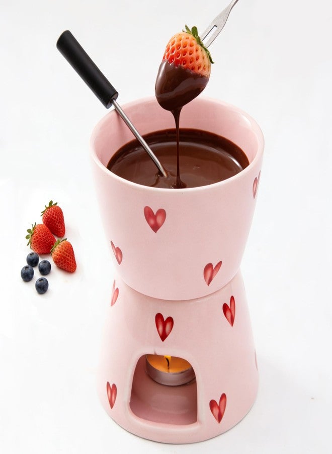 YumiPLUS Sweet Cheese Fondue Cup with 2 Dipping Forks, Ceramic Chocolate Melting Cup Set, Individual Fondue Mug for Dessert, Small Chocolate Melter for Dating/Anniversary/Gift/Valentine (Pink) - Image 1