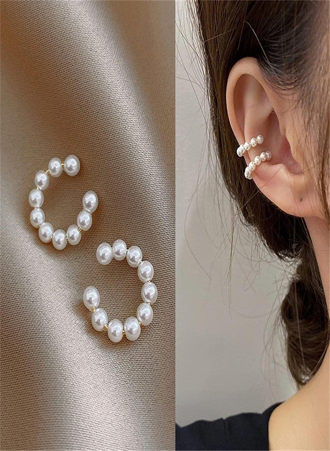 Aeenioy 2 Pairs Ear Cuffs Without Piercing, Clip On Earrings for Non Pierced Ears, Pearl Earring for Women Stylish, Non Piercing Earrings with Comfortable Fit, Pearl Studs Earrings for Women - Image 4