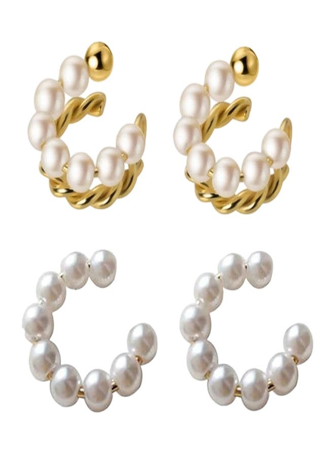 Aeenioy 2 Pairs Ear Cuffs Without Piercing, Clip On Earrings for Non Pierced Ears, Pearl Earring for Women Stylish, Non Piercing Earrings with Comfortable Fit, Pearl Studs Earrings for Women - Image 1