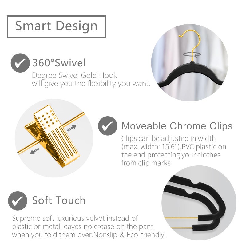 MIZGI Premium Velvet Pants Hangers with Adjustable Clips (Pack of 20) Slim Skirt Hangers- Non Slip Felt Outfit Dress Hangers Black - Gold Hooks,Space Saving Shirt Clothes Hangers - Image 2