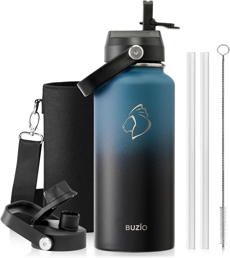 BUZIO 32 oz Water Bottle, (Cold for 48 Hrs) 950ml Insulated Stainless Steel Water Flask with Straw Lid & Carrying Sleeve, Leak Proof BPA-Free Wide Mouth Thermo Canteen for Office Sports, Indigo Black - Image 1