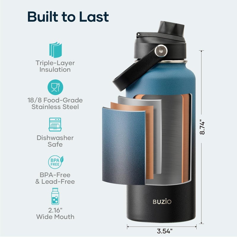 BUZIO 32 oz Water Bottle, (Cold for 48 Hrs) 950ml Insulated Stainless Steel Water Flask with Straw Lid & Carrying Sleeve, Leak Proof BPA-Free Wide Mouth Thermo Canteen for Office Sports, Indigo Black - Image 4