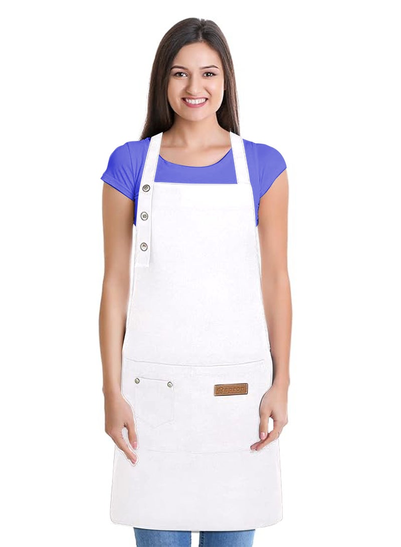 يانيك مريلة مطبخ من YANEK مكونة من قطعتين للنساء والرجال، مريلة قماش مقاومة للماء وقابلة للتعديل للجنسين مع جيوب للمنزل والمطاعم والمقهى، باللون الأبيض - Image 1