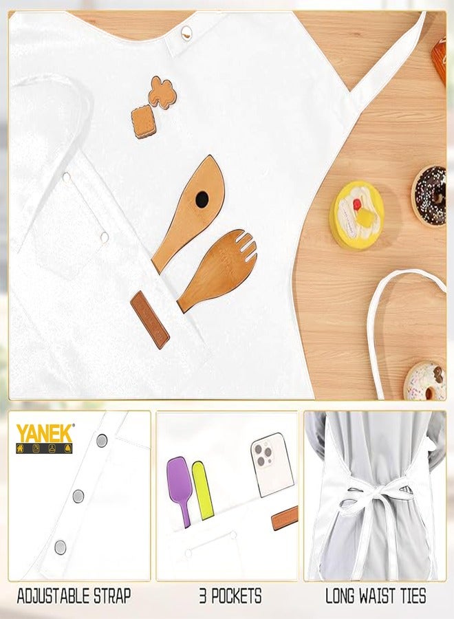 يانيك مريلة مطبخ من YANEK مكونة من قطعتين للنساء والرجال، مريلة قماش مقاومة للماء وقابلة للتعديل للجنسين مع جيوب للمنزل والمطاعم والمقهى، باللون الأبيض - Image 3
