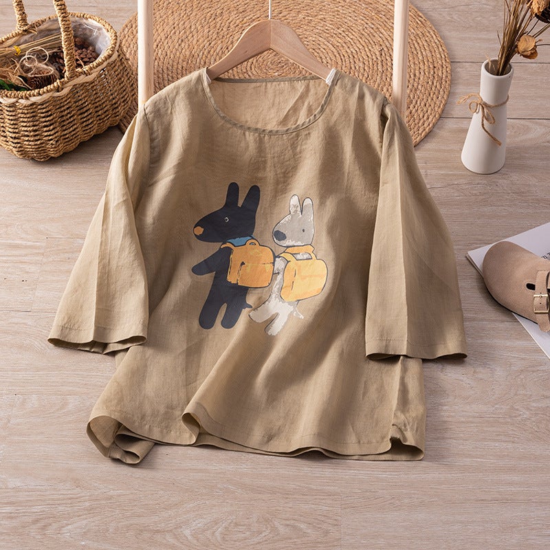 A228 Small Design Artistic Tone Loose Profile Printed T-Shirt Summer Artistic Cotton Linen T-Shirt Top Women'S Loose All-Match - Image 1