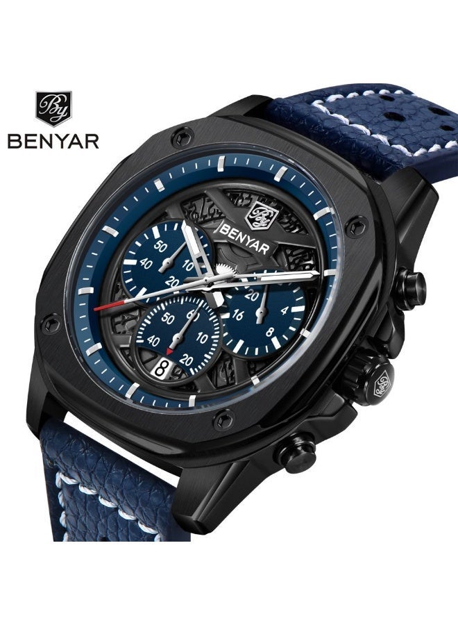BENYAR Watches for Men Luxury Quartz Water Resistant Watch Men's Chronograph  Leather Strap 5222 - Image 1