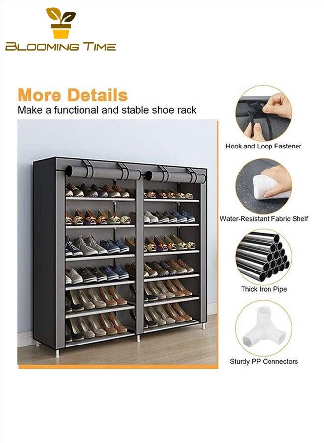 BLOOMING TIME - Double-Row Shoe Rack, Large-Capacity Storage, Bold Galvanized Pipe, Rolling Door Velcro, Multi-Layer Combination, Thickened Non-Anti-Cloth, Thickened PP Interface, Anti-Rust, Strong Load-Bearing, Can Be Used In Dormitories, Entrances, Living Rooms, Grey - Image 1