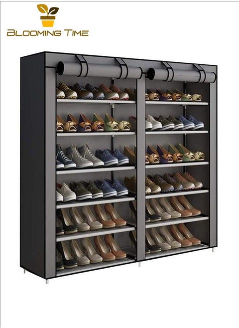 Double-Row Shoe Rack, Large-Capacity Storage, Bold Galvanized Pipe, Rolling Door Velcro, Multi-Layer Combination, Thickened Non-Anti-Cloth, Thickened PP Interface, Anti-Rust, Strong Load-Bearing, Can Be Used In Dormitories, Entrances, Living Rooms, Grey