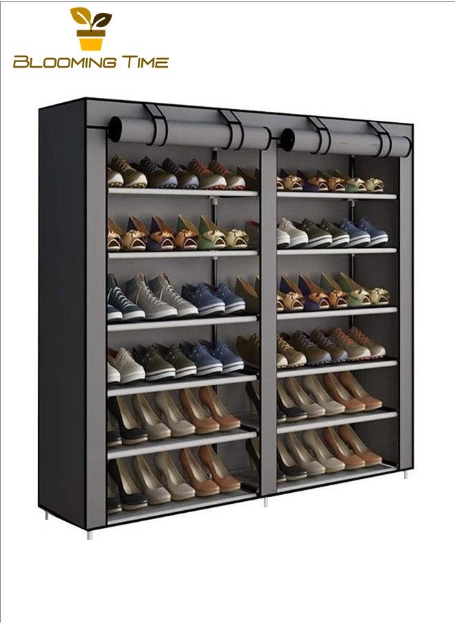 BLOOMING TIME - Double-Row Shoe Rack, Large-Capacity Storage, Bold Galvanized Pipe, Rolling Door Velcro, Multi-Layer Combination, Thickened Non-Anti-Cloth, Thickened PP Interface, Anti-Rust, Strong Load-Bearing, Can Be Used In Dormitories, Entrances, Living Rooms, Grey - Image 1