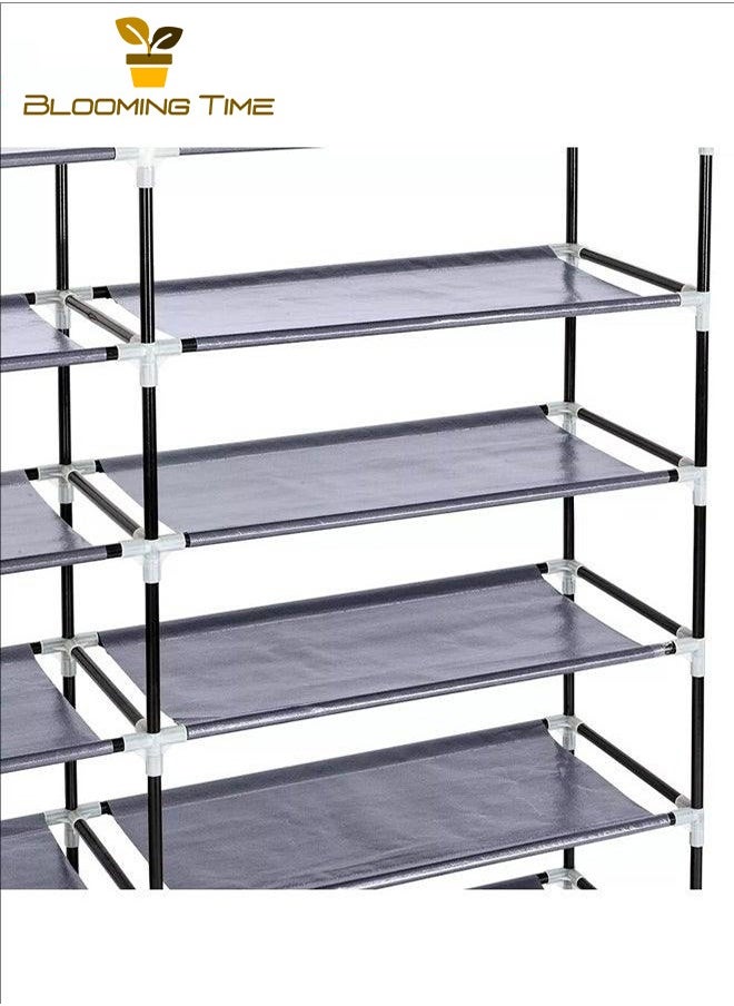 BLOOMING TIME - Double-Row Shoe Rack, Large-Capacity Storage, Bold Galvanized Pipe, Rolling Door Velcro, Multi-Layer Combination, Thickened Non-Anti-Cloth, Thickened PP Interface, Anti-Rust, Strong Load-Bearing, Can Be Used In Dormitories, Entrances, Living Rooms, Grey - Image 1