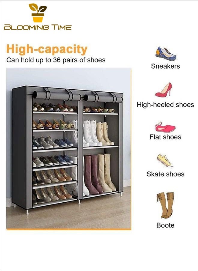 BLOOMING TIME - Double-Row Shoe Rack, Large-Capacity Storage, Bold Galvanized Pipe, Rolling Door Velcro, Multi-Layer Combination, Thickened Non-Anti-Cloth, Thickened PP Interface, Anti-Rust, Strong Load-Bearing, Can Be Used In Dormitories, Entrances, Living Rooms, Grey - Image 1