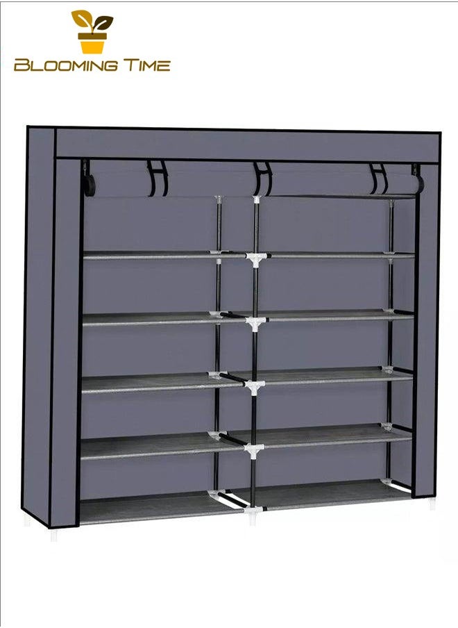 BLOOMING TIME - Double-Row Shoe Rack, Large-Capacity Storage, Bold Galvanized Pipe, Rolling Door Velcro, Multi-Layer Combination, Thickened Non-Anti-Cloth, Thickened PP Interface, Anti-Rust, Strong Load-Bearing, Can Be Used In Dormitories, Entrances, Living Rooms, Grey - Image 1