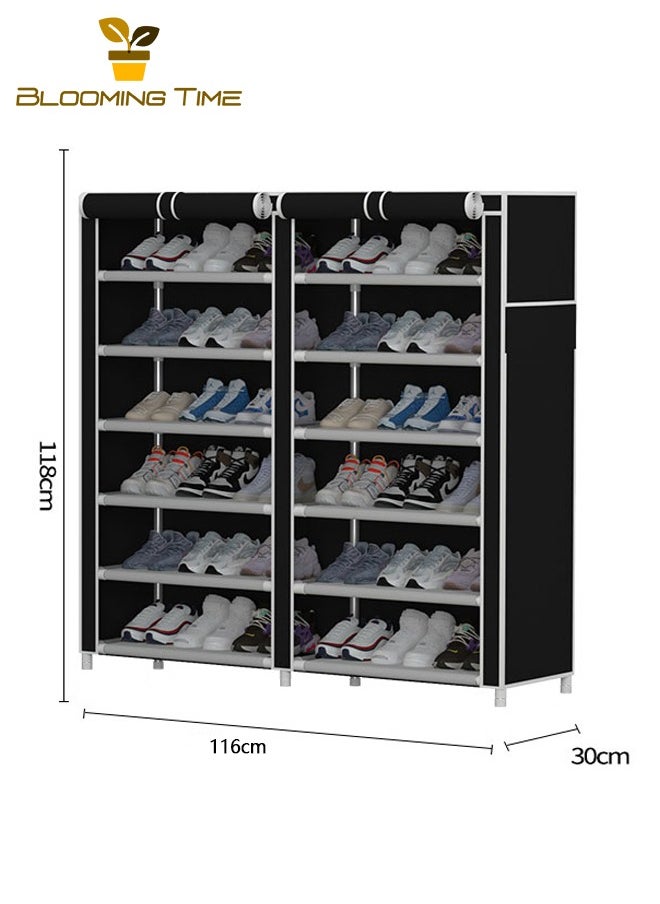 BLOOMING TIME - Double-Row Shoe Rack, Large-Capacity Storage, Bold Galvanized Pipe, Rolling Door Velcro, Multi-Layer Combination, Thickened Non-Anti-Cloth, Thickened PP Interface, Anti-Rust, Strong Load-Bearing, Can Be Used In Dormitories, Entrances, Living Rooms, Grey - Image 1