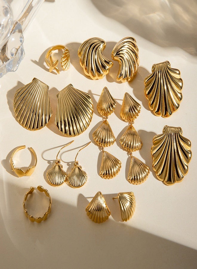Luxury Gold-Tone Nautical Shell Stud Earrings for Women - Dainty Ocean-Inspired Beach Vacation Jewelry, Hypoallergenic Summer Resort Accessories, Gold Shell Earrings, Chunky Gold Earrings for Women Trendy as Beach Jewelry Seashell Earrings, Ocean-Inspired, Elegant Gift for Wife/Daughter (Chunky Statement Earrings) - Image 3