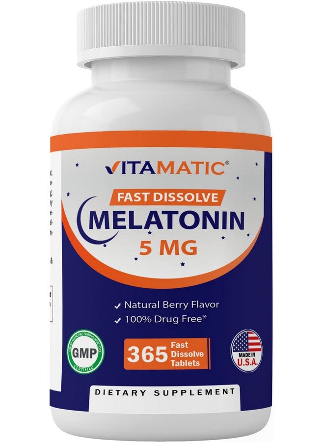 Vitamatic Melatonin 5 mg Tablets | Vegetarian, Non-GMO, Gluten Free | 1 Year Supply | Natural Berry Flavor - 365 Tablets - Image 1
